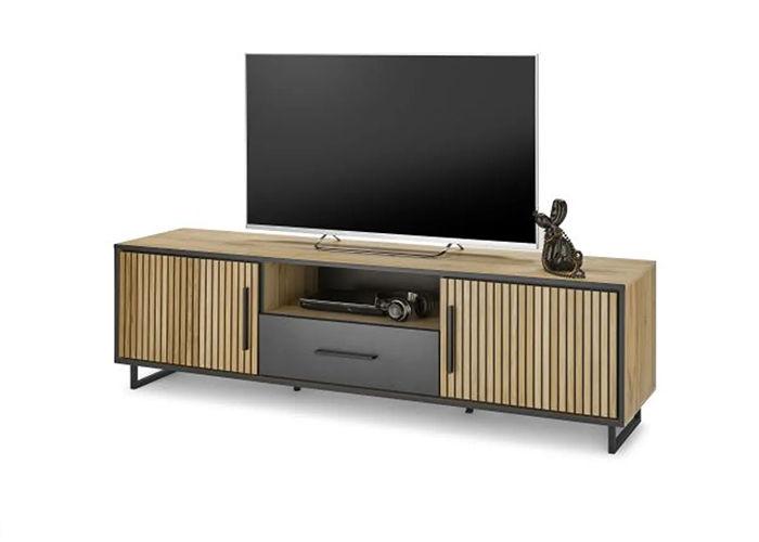 TV-Sideboard in Holzoptik mit schwarzen Akzenten