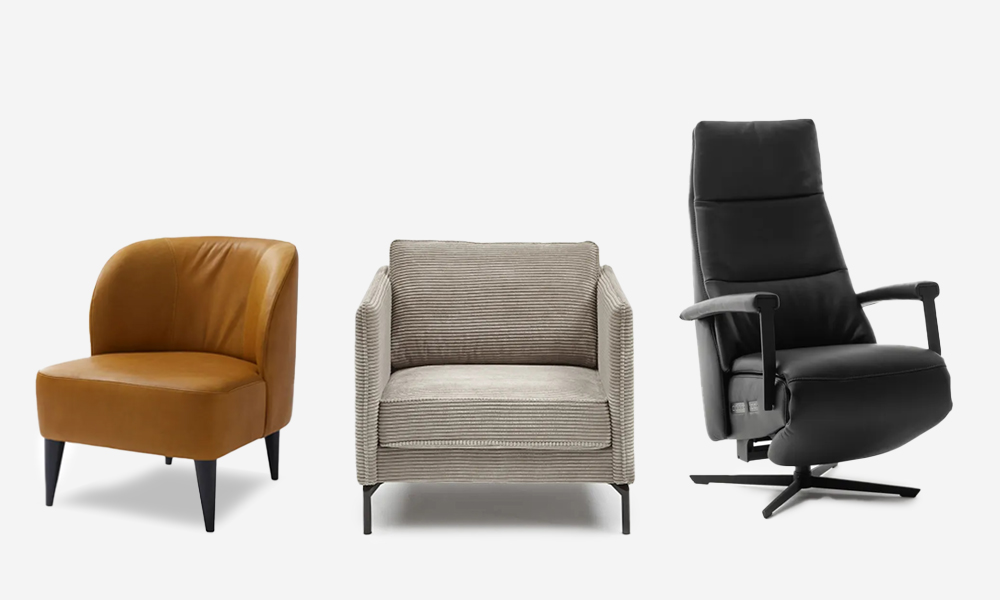 Drei Sessel mit unterschiedlichen Formen und Stoffen mit einem weißen Hintergrund.